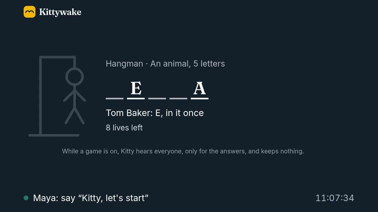 Kitty's screen in the waiting room before the call starts, with a game of hangman going: an animal with five letters, E and A found, and a line saying Maya starts the meeting.