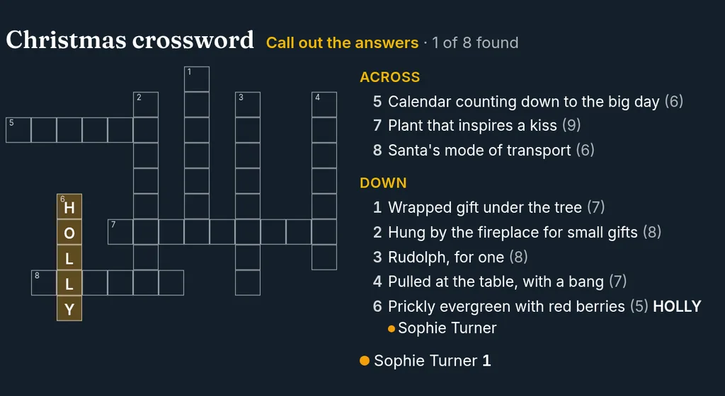A Christmas crossword with HOLLY found by Sophie Turner, one of eight answers found, and the clues listed across and down.