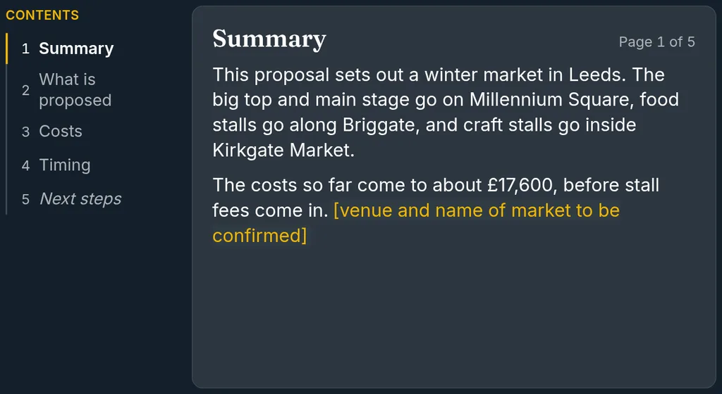 The first page of a proposal for the winter market that Kitty wrote in the call, beside its contents: summary, what is proposed, costs, timing and next steps.
