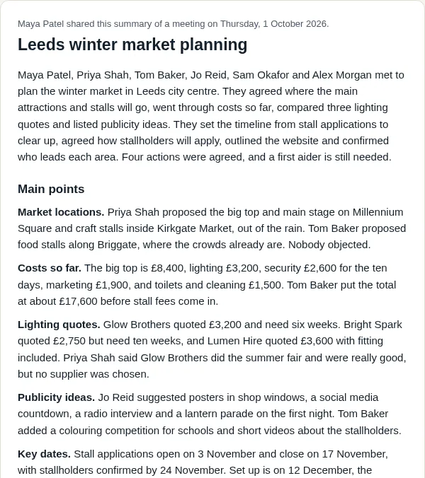The summary email everyone gets after the meeting, starting with an overview and the main points.