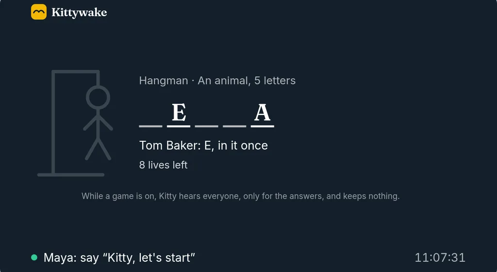 Hangman in the waiting room: an animal with five letters, E and A found, and 8 lives left.