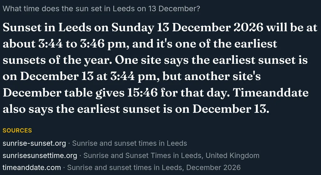 An answer saying the sun sets in Leeds at about 3.44 to 3.46pm on 13 December, with the three web pages it came from.