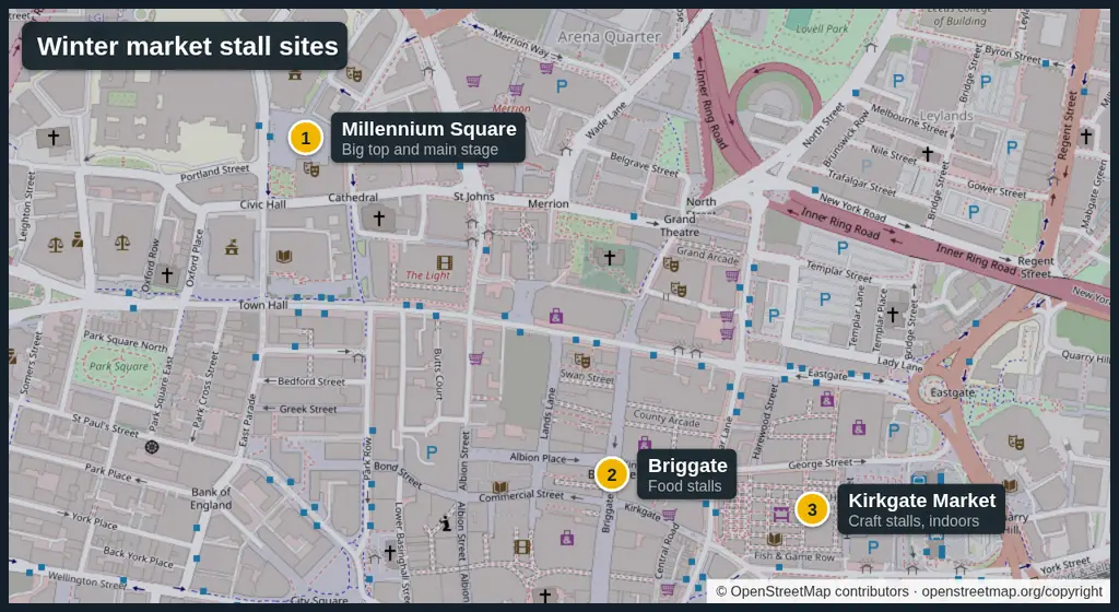 A map of Leeds city centre with three numbered pins: Millennium Square for the big top, Briggate for food stalls and Kirkgate Market for craft stalls.
