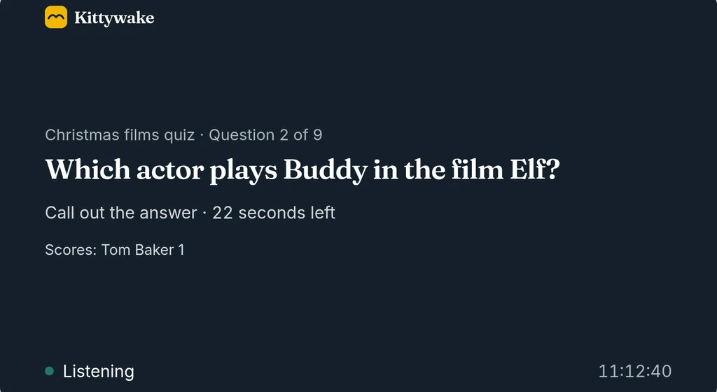 A Christmas films quiz on question 2 of 9, asking which actor plays Buddy in Elf, with Tom Baker on one point.