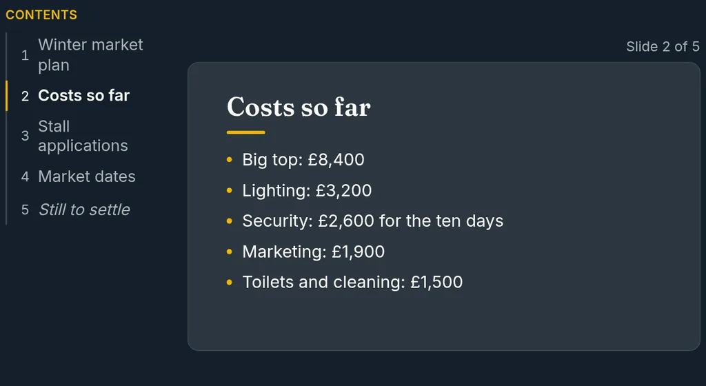 Kitty's slides of the winter market plan on slide 2 of 5, costs so far: the big top at £8,400, lighting at £3,200, then security, marketing, and toilets and cleaning.